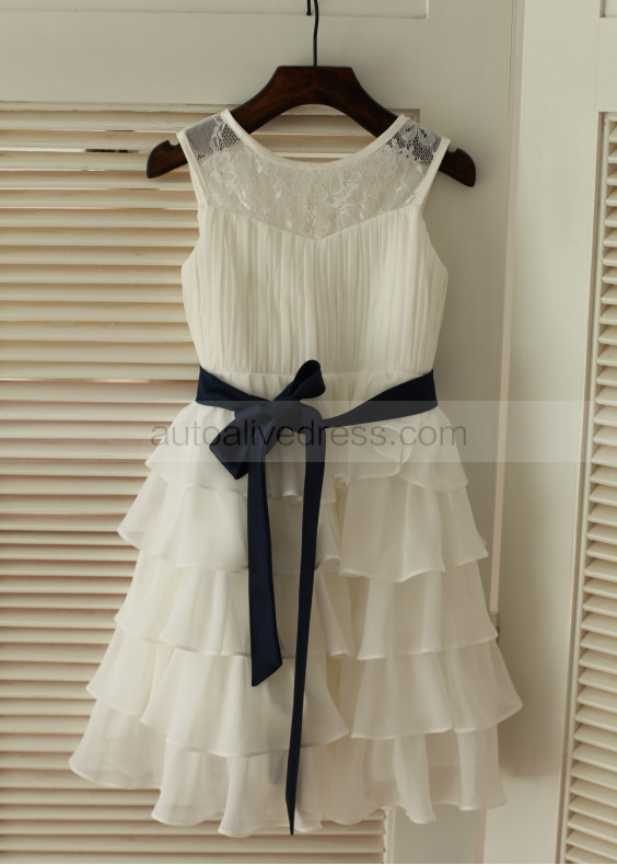 Ivory Lace Chiffon Cupcake Flower Girl Dress With Navy Blue Sash